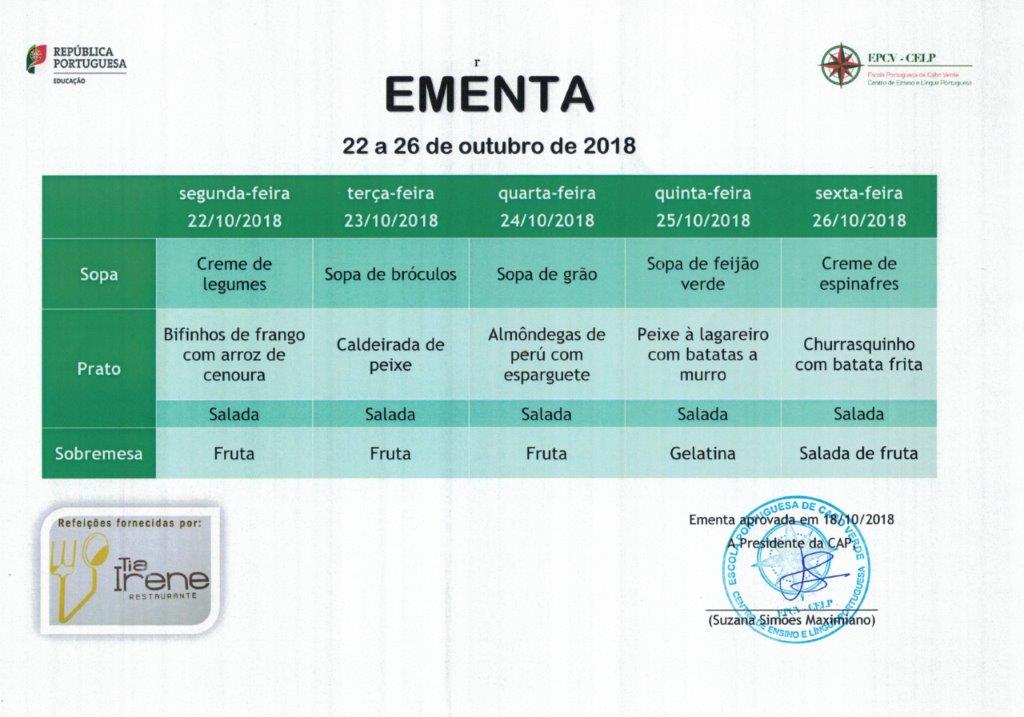 EMENTA DE 22 DE OUTUBRO A 26 DE OUTUBRO